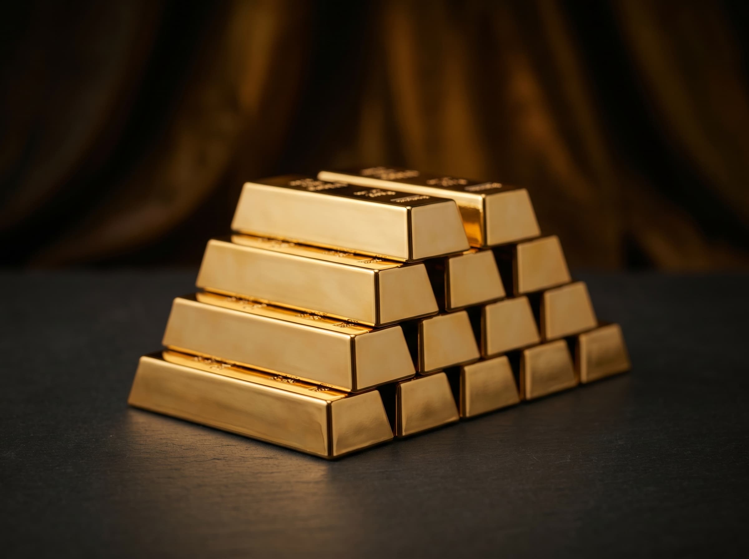 A stack of gold bars on a dark surface