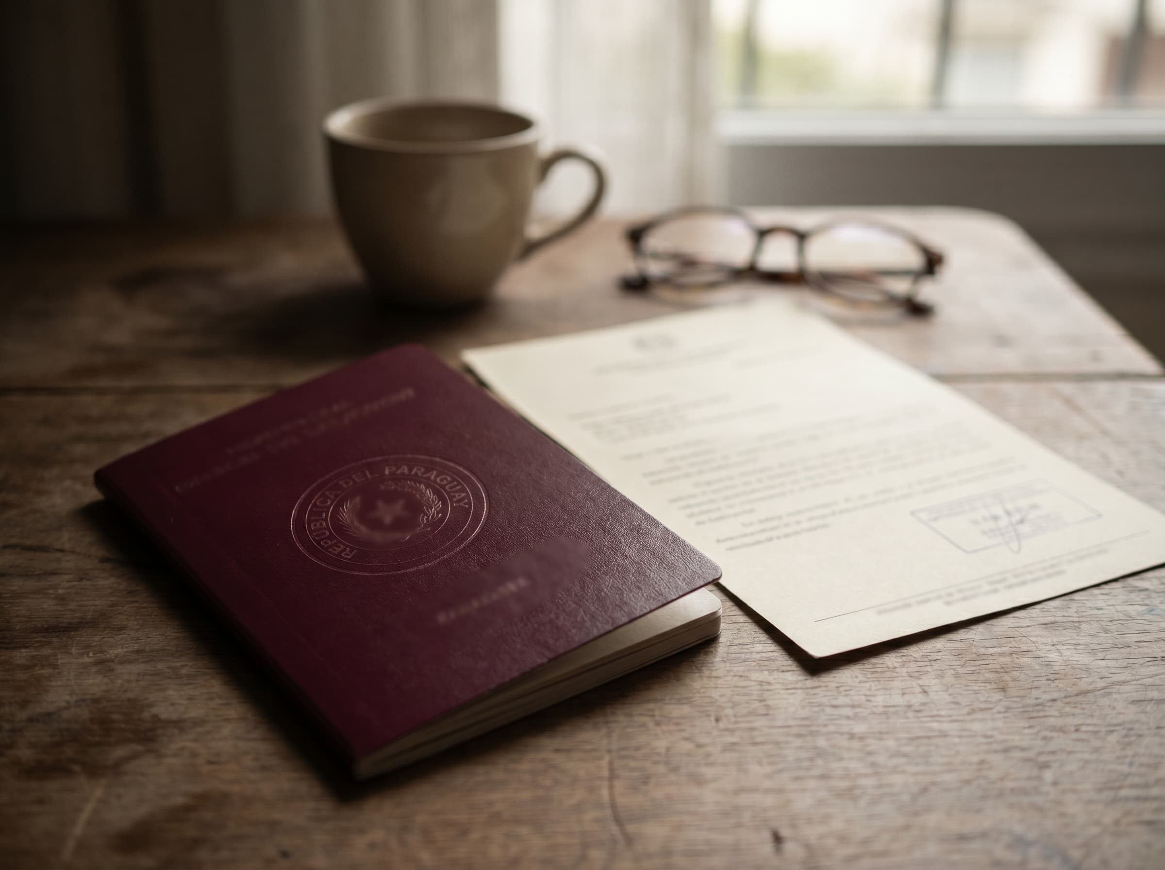 A deep red Paraguayan passport on a wooden desk beside an official document